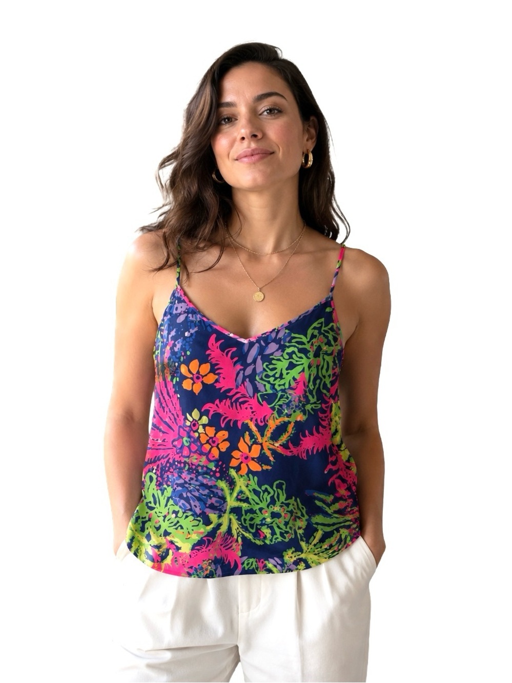Lilly Pulitzer silk Navy Floral vibrant Neon Cami